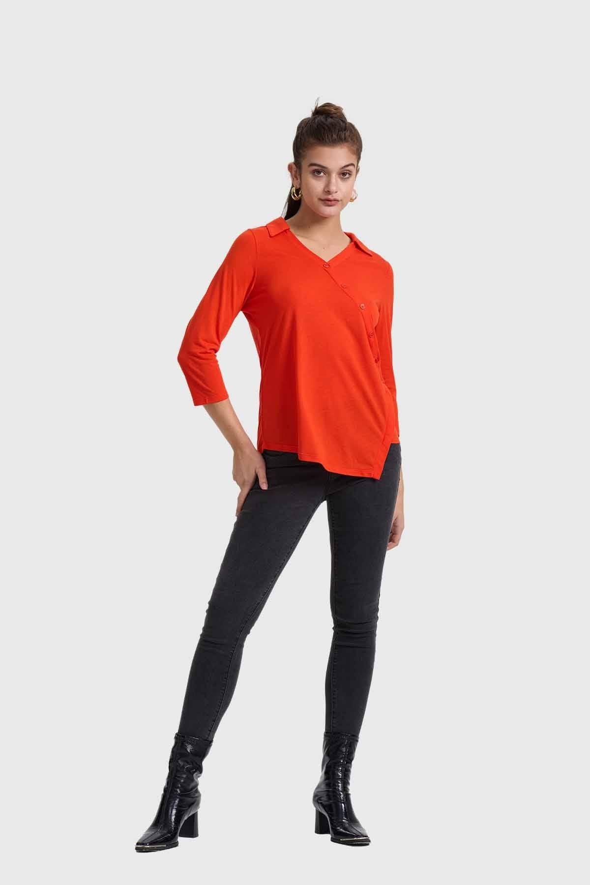 Polera Mujer Con Botones En Diagonal Naranjo-3