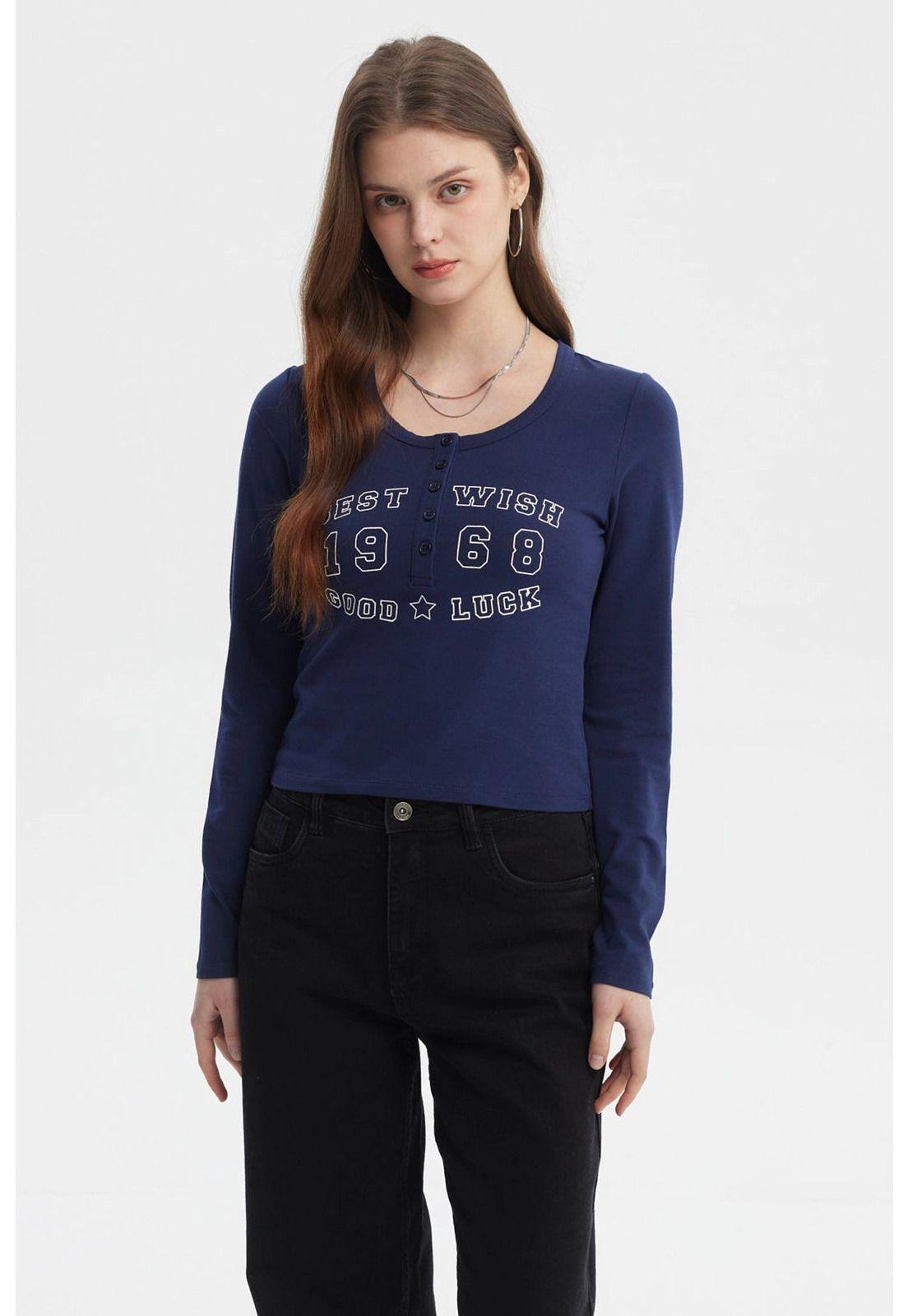 Polera Mujer Botones Cuello Redondo Azul-0