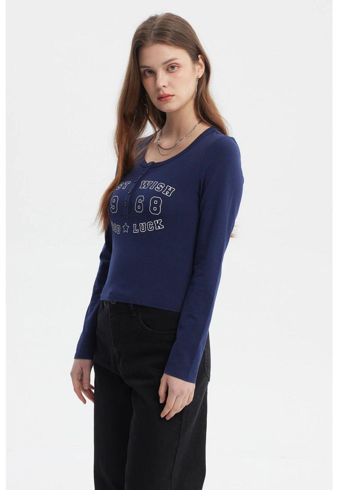 Polera Mujer Botones Cuello Redondo Azul-1