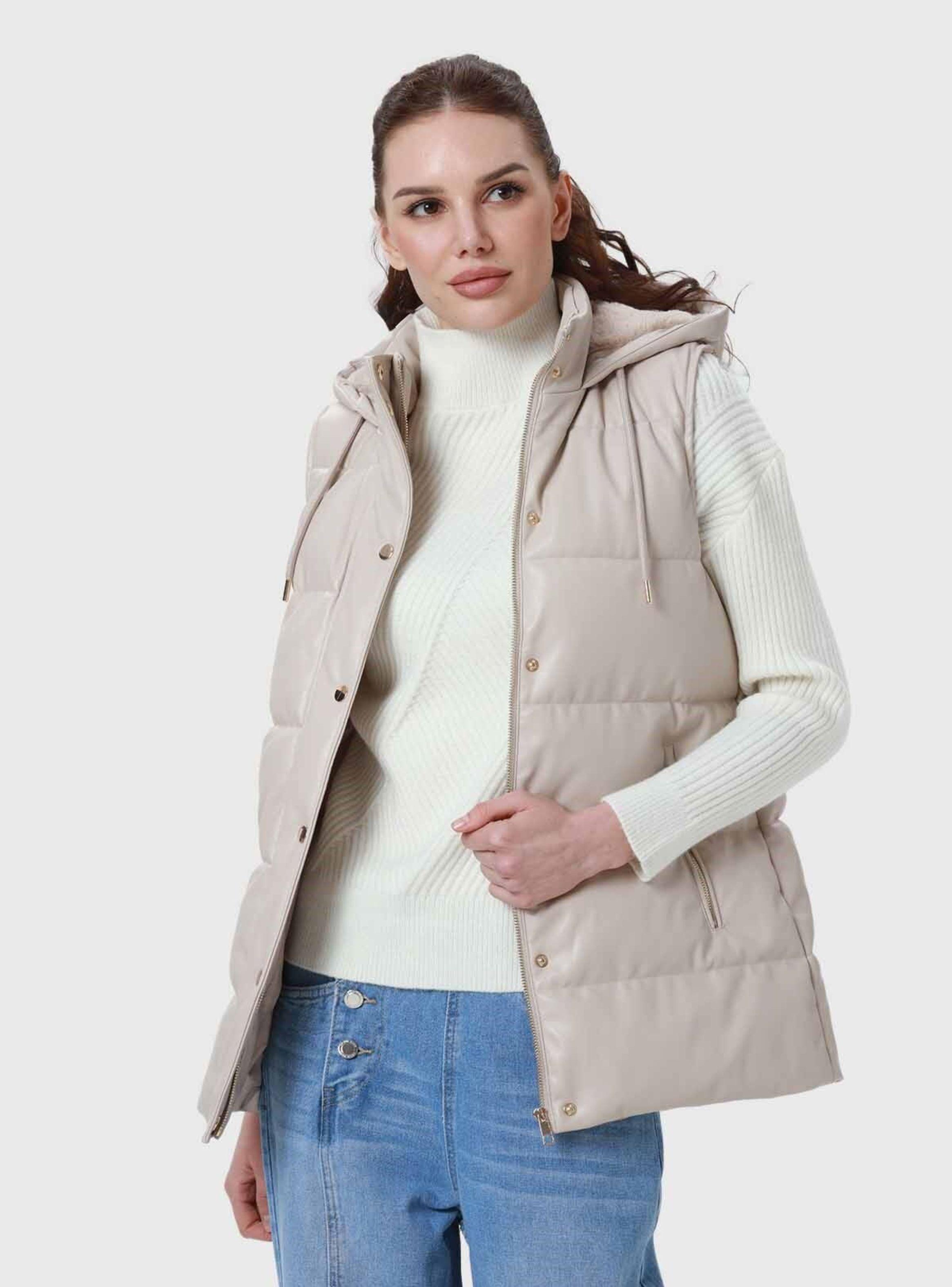 Parka Mujer Larga Efecto Cuero Arena-1