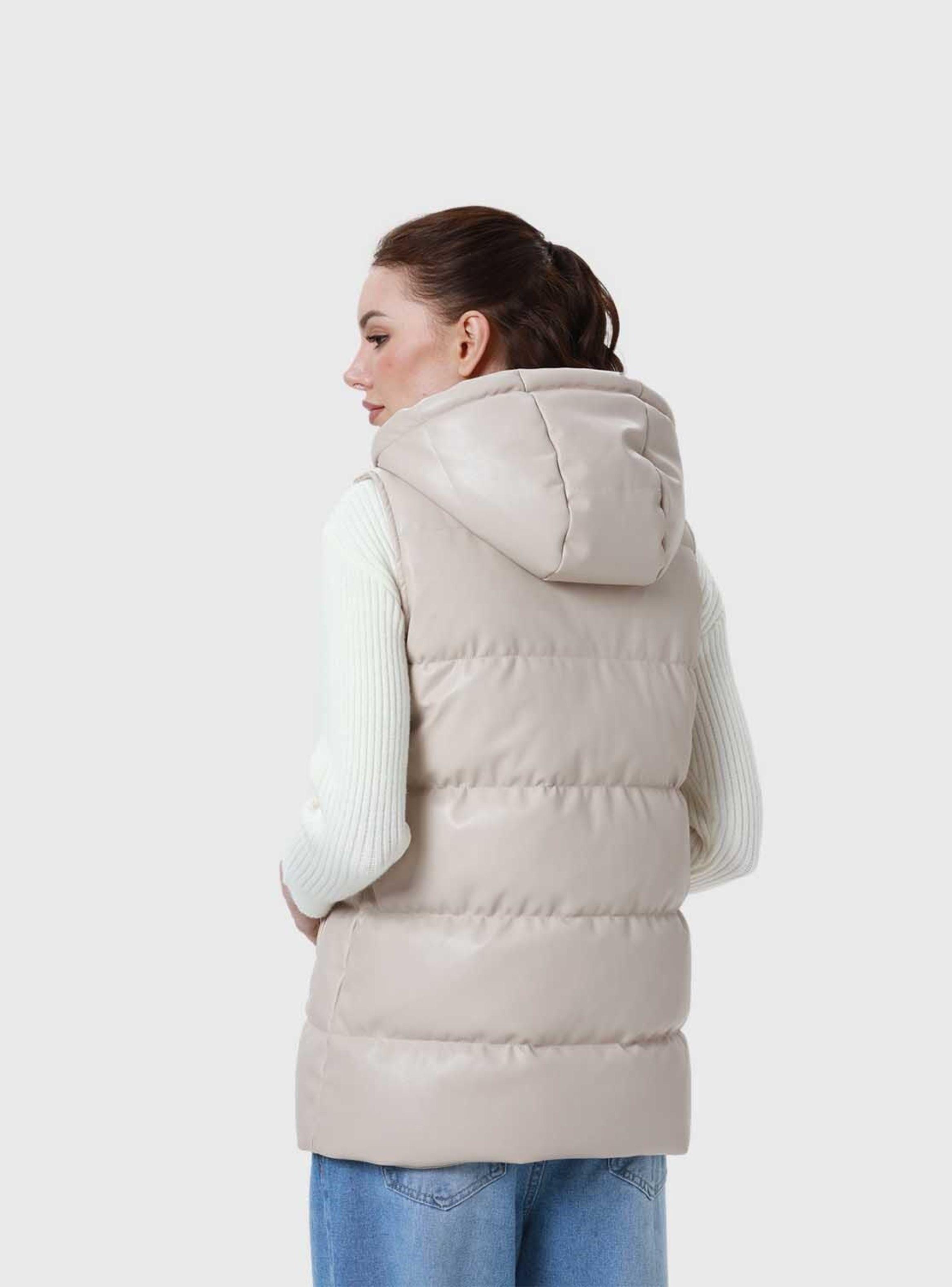 Parka Mujer Larga Efecto Cuero Arena-2