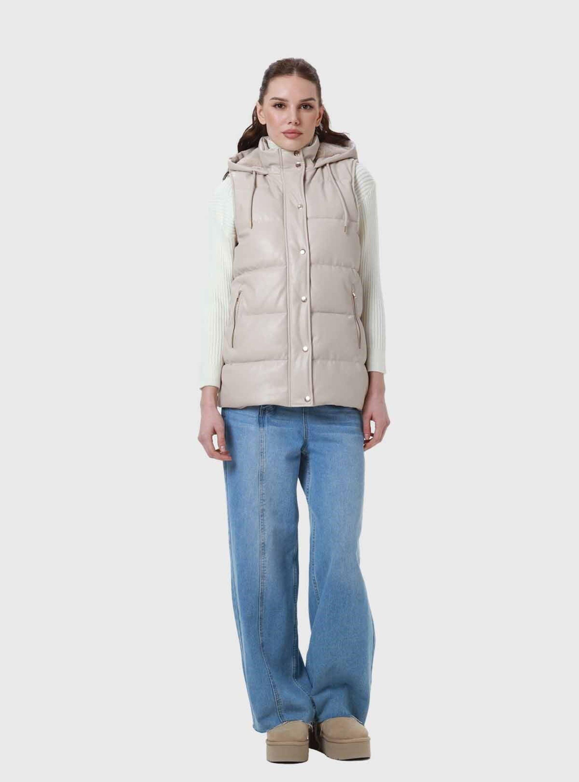 Parka Mujer Larga Efecto Cuero Arena-3