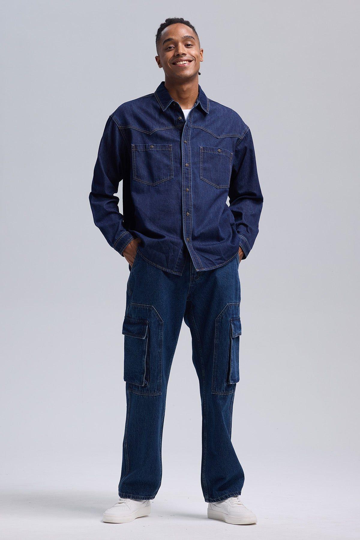 Camisa Hombre Sobre Camisa Doble Azul-3