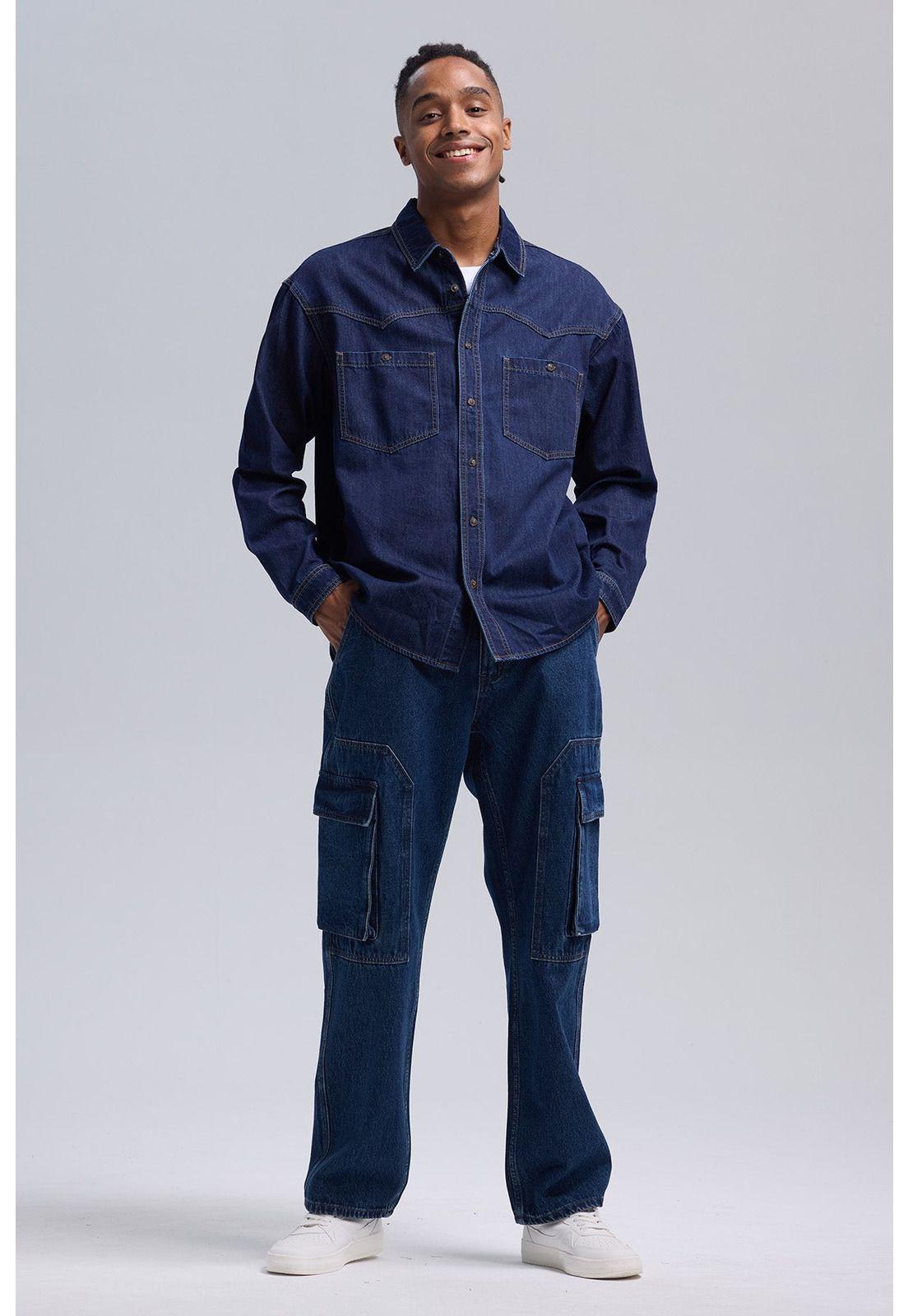 Camisa Hombre Sobre Camisa Doble Azul-3