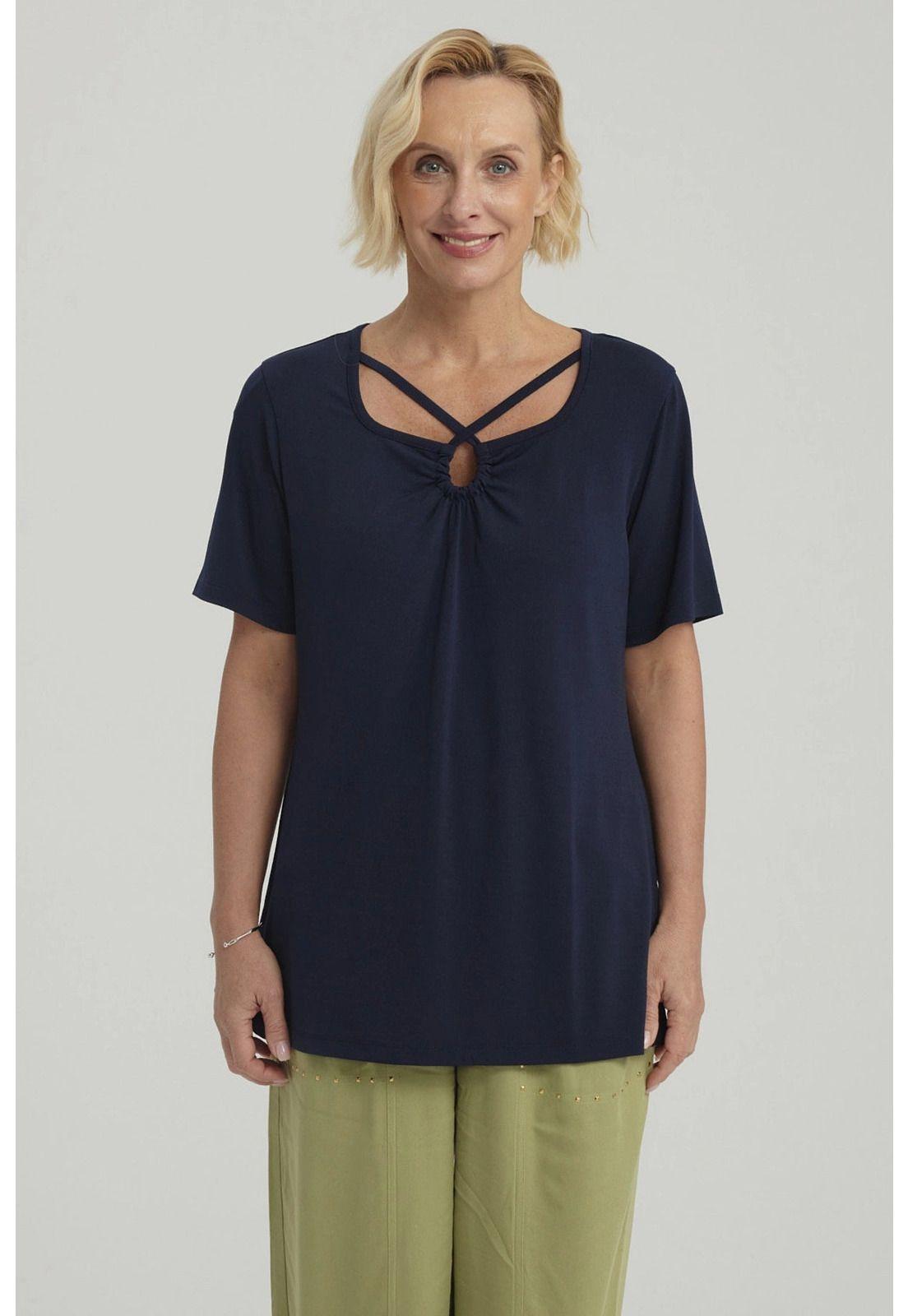 Polera Mujer Detalle Cuello Azul Oscuro-0