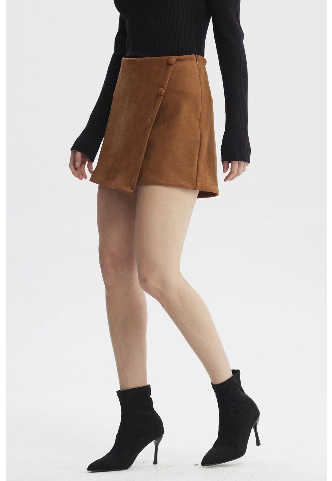 Falda Mujer Botones Laterales Camel-1