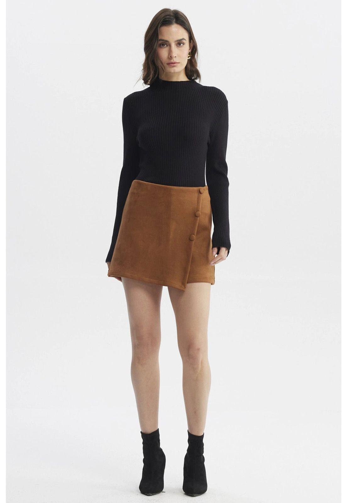 Falda Mujer Botones Laterales Camel-3