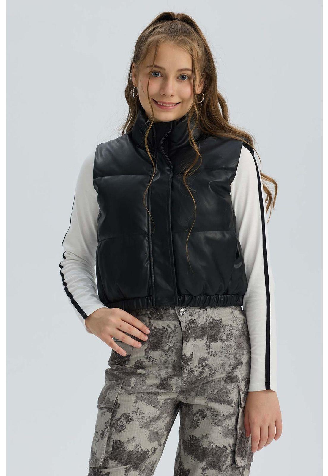 Parka Niña Efecto Cuero Negro - lll-0