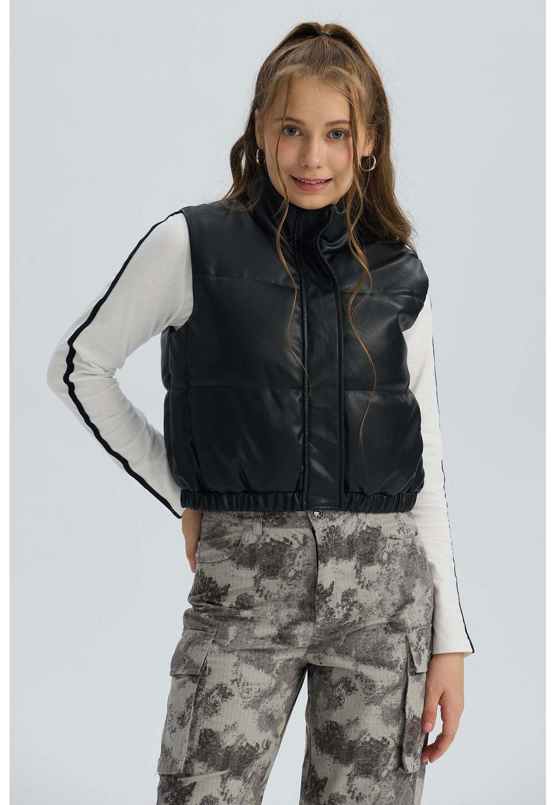 Parka Niña Efecto Cuero Negro - lll-1