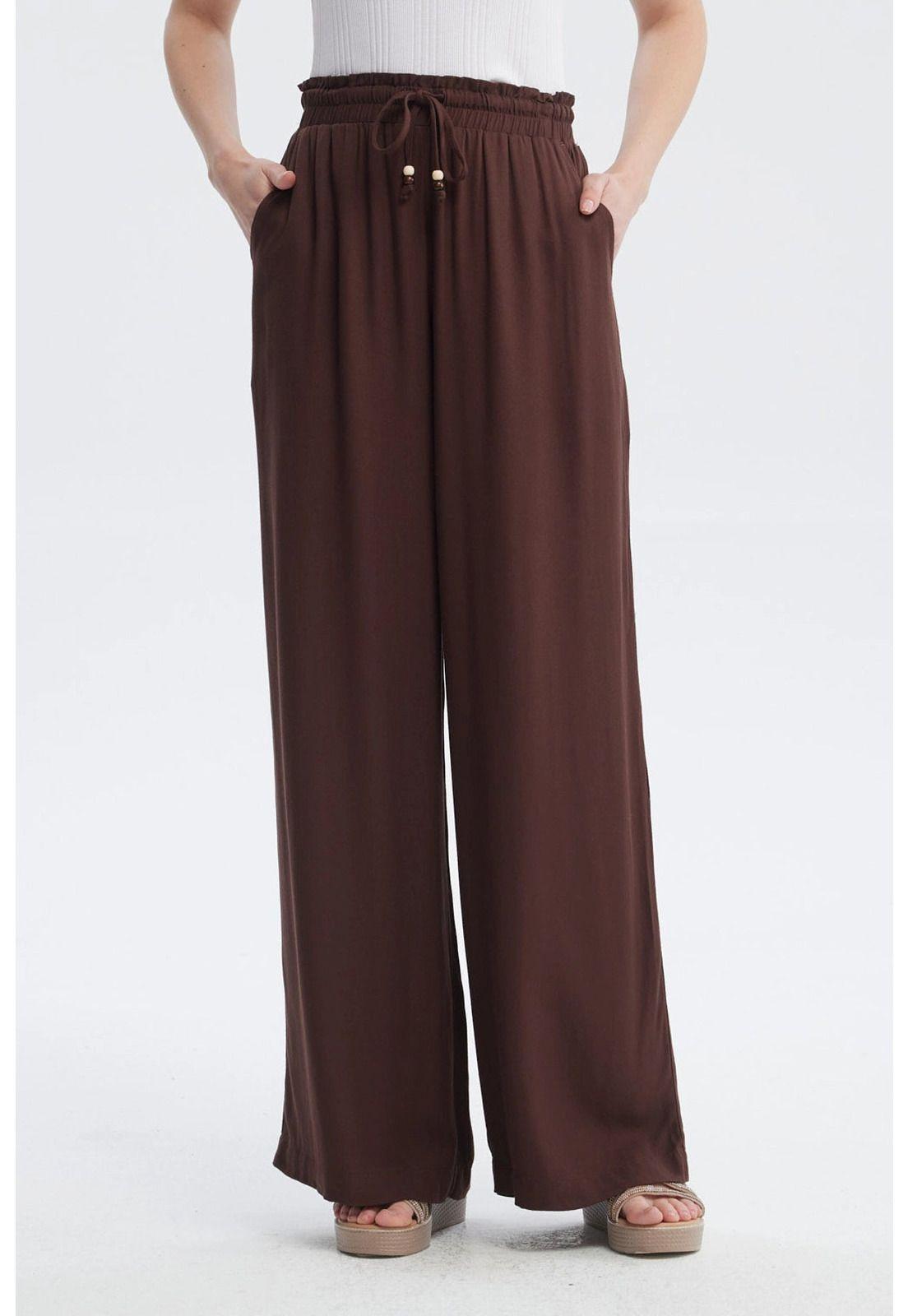 Pantalón Mujer Con Lazo Cintura Café-1
