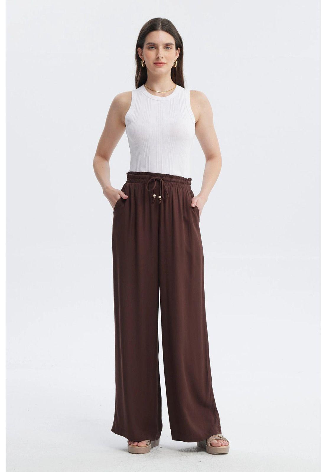 Pantalón Mujer Con Lazo Cintura Café-3