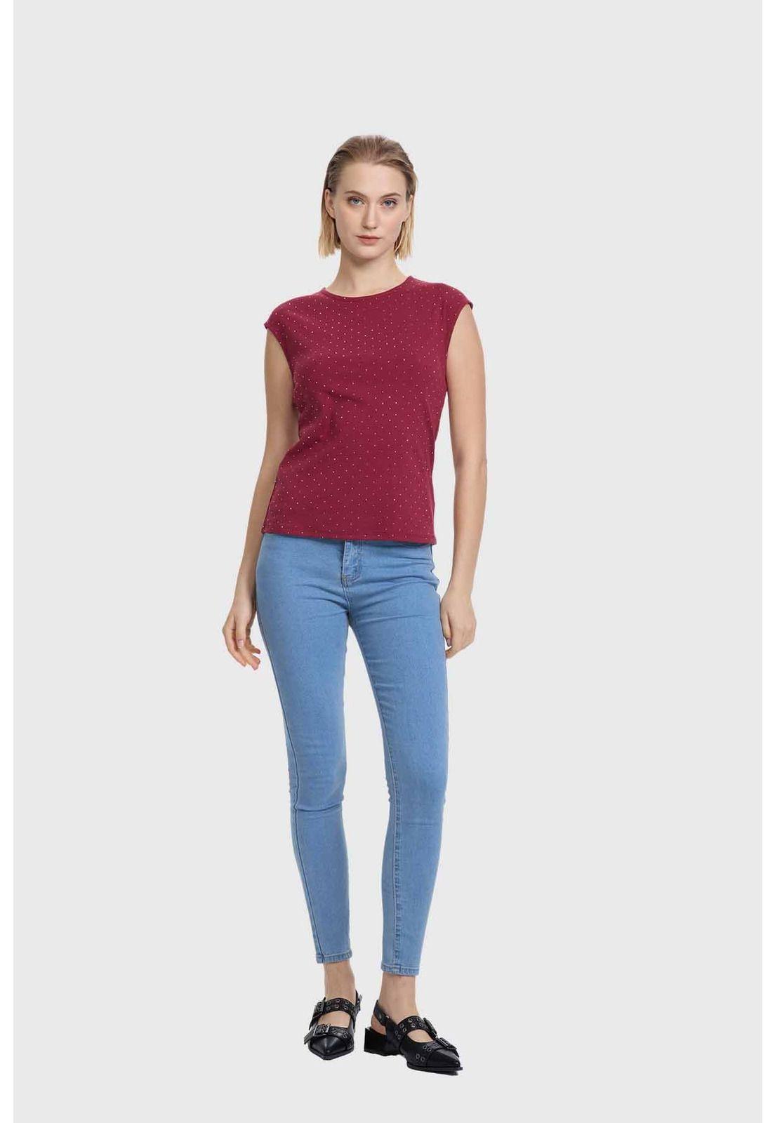 Polera Mujer Aplicación Strass Burdeo-3