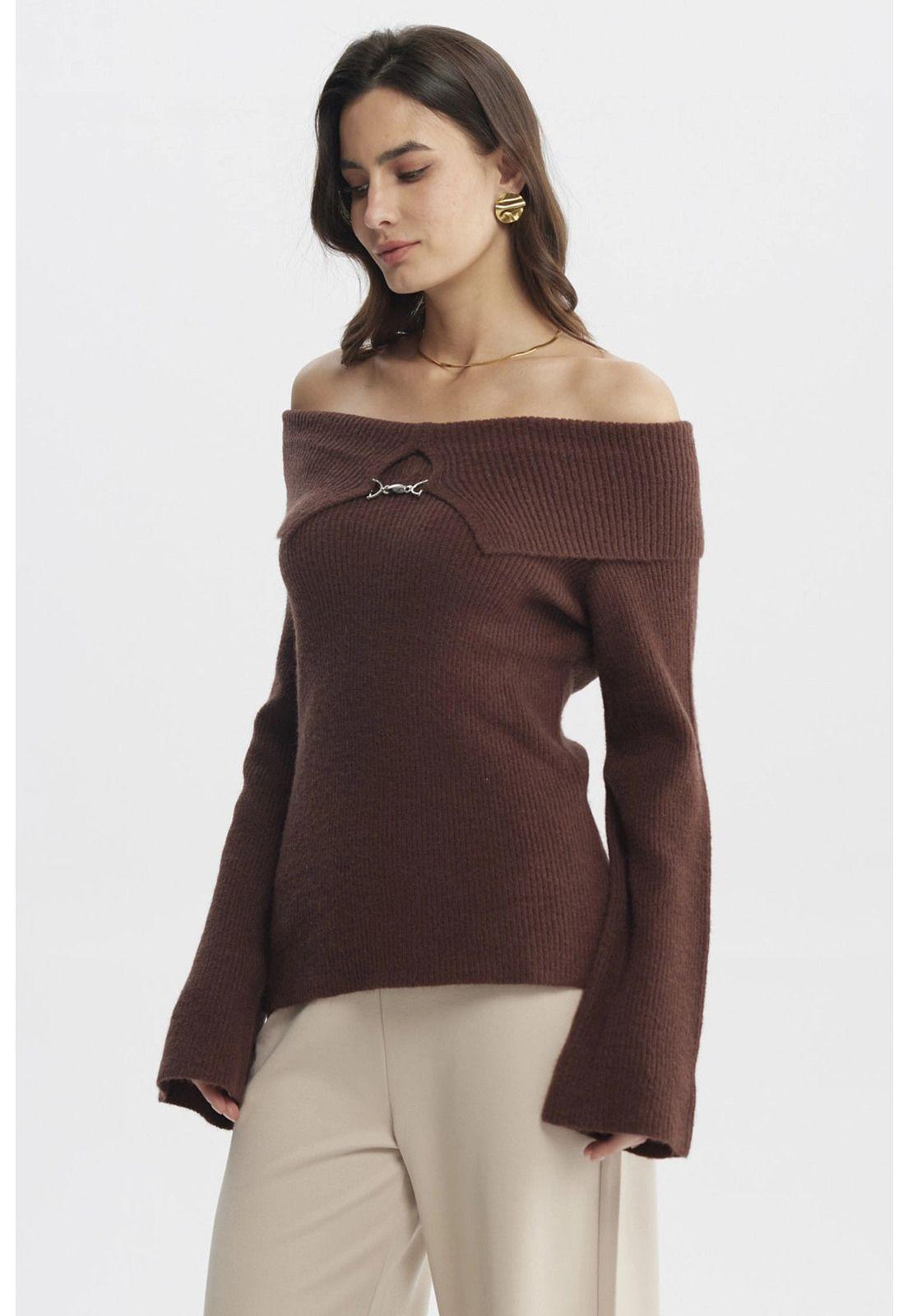 Sweater Mujer Ajustado Hombro Descubierto Café Claro-1