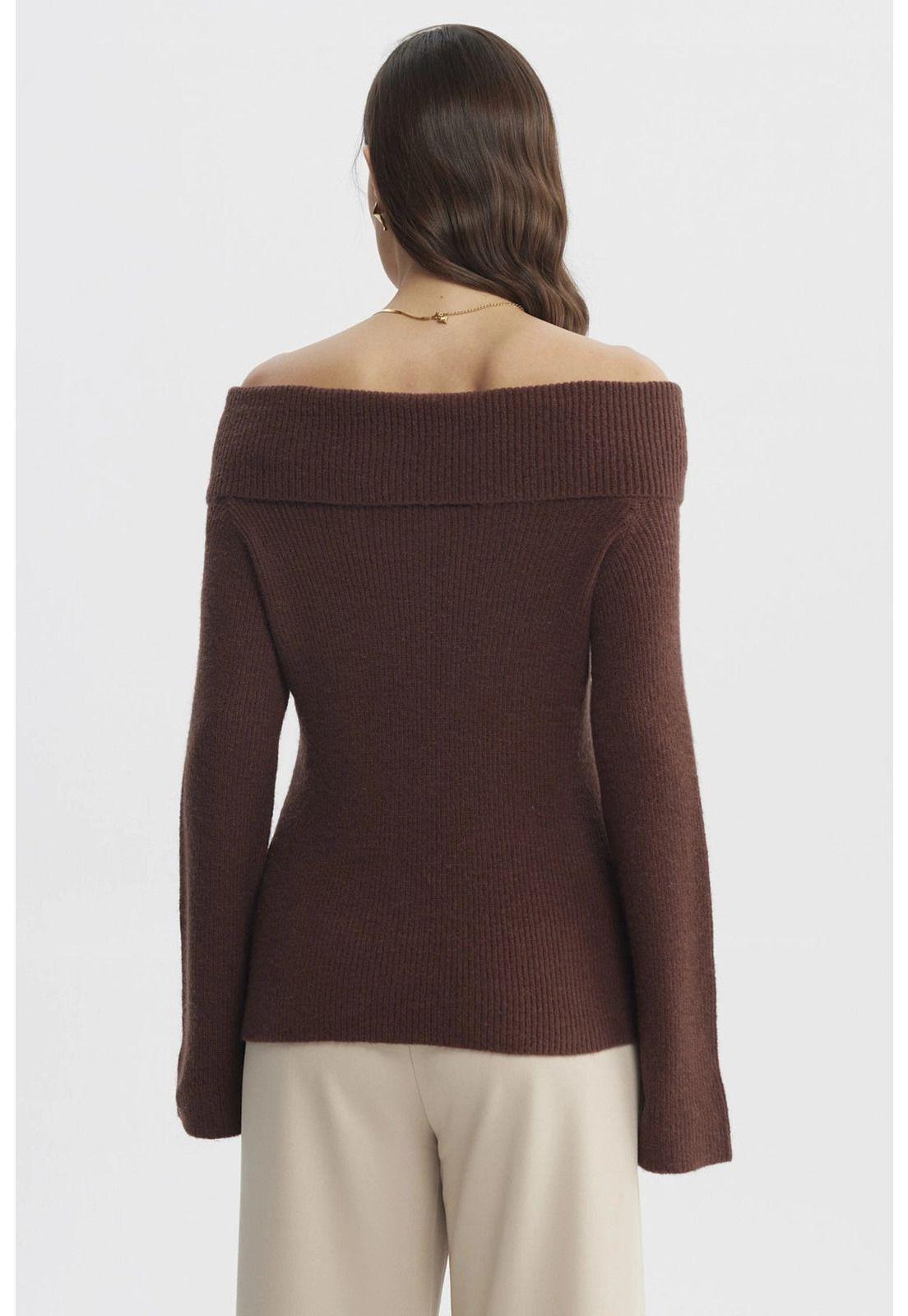 Sweater Mujer Ajustado Hombro Descubierto Café Claro-2