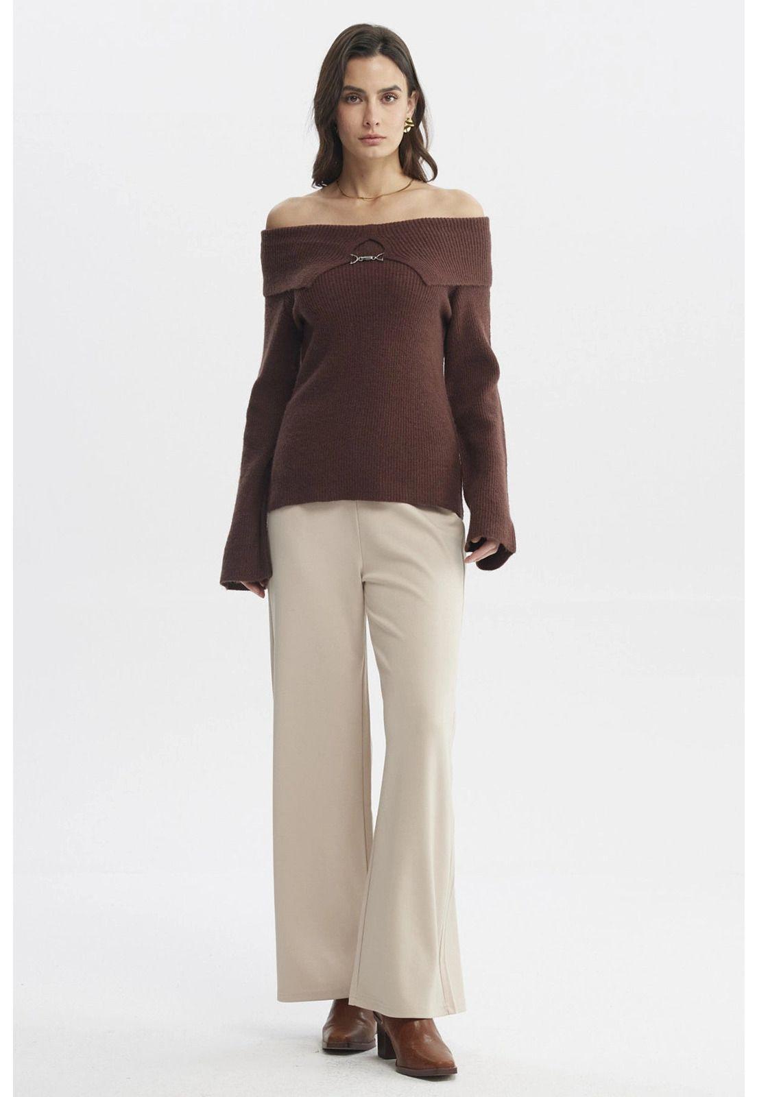 Sweater Mujer Ajustado Hombro Descubierto Café Claro-3