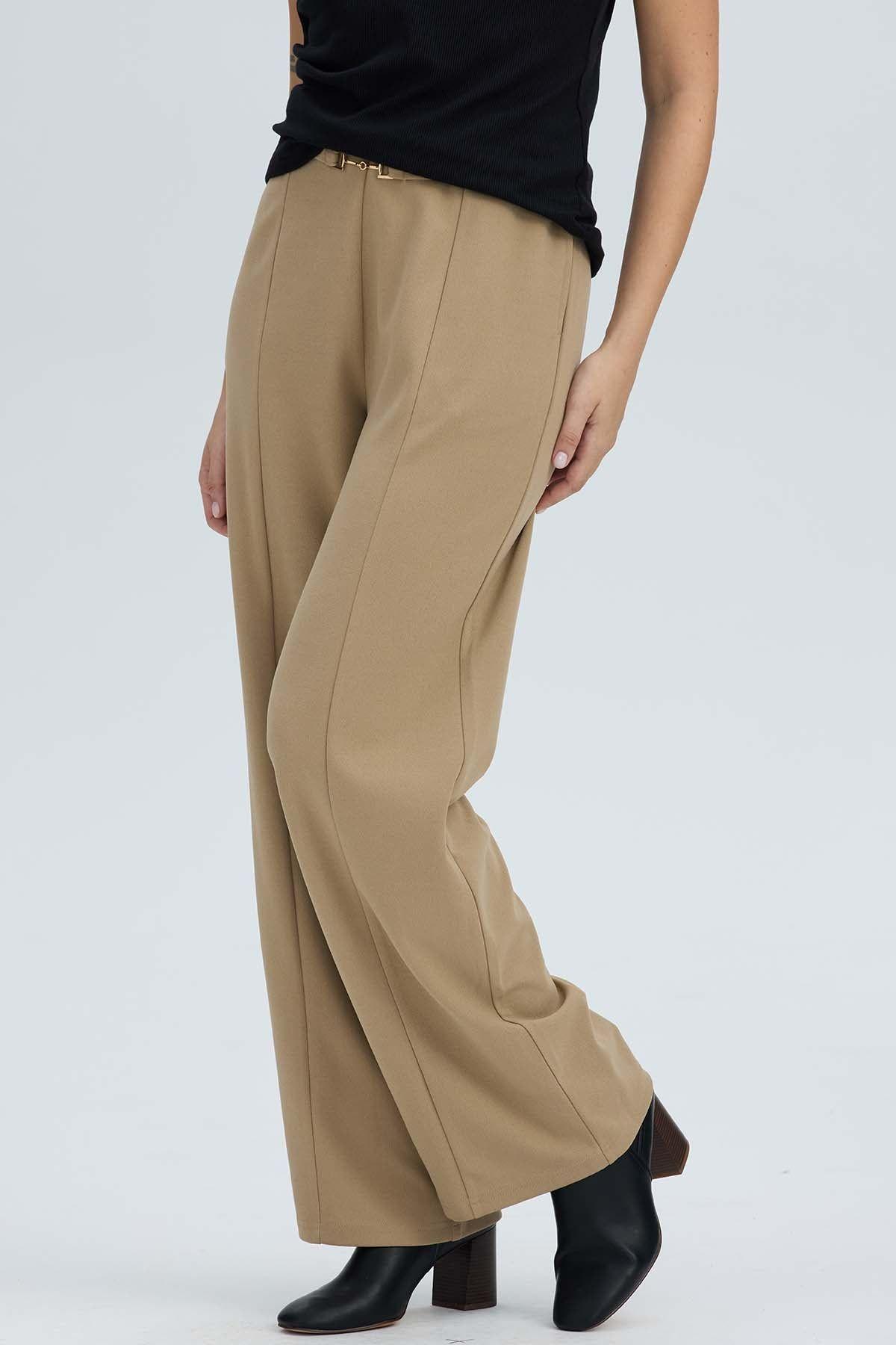 Pantalón Mujer Con Hebilla Calce Palazzo Beige Oscuro-0