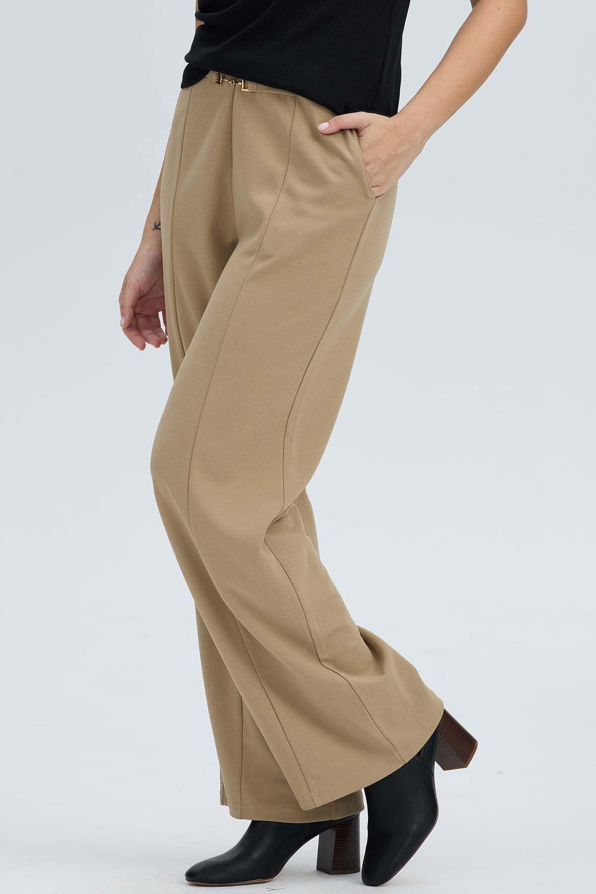 Pantalón Mujer Con Hebilla Calce Palazzo Beige Oscuro-1