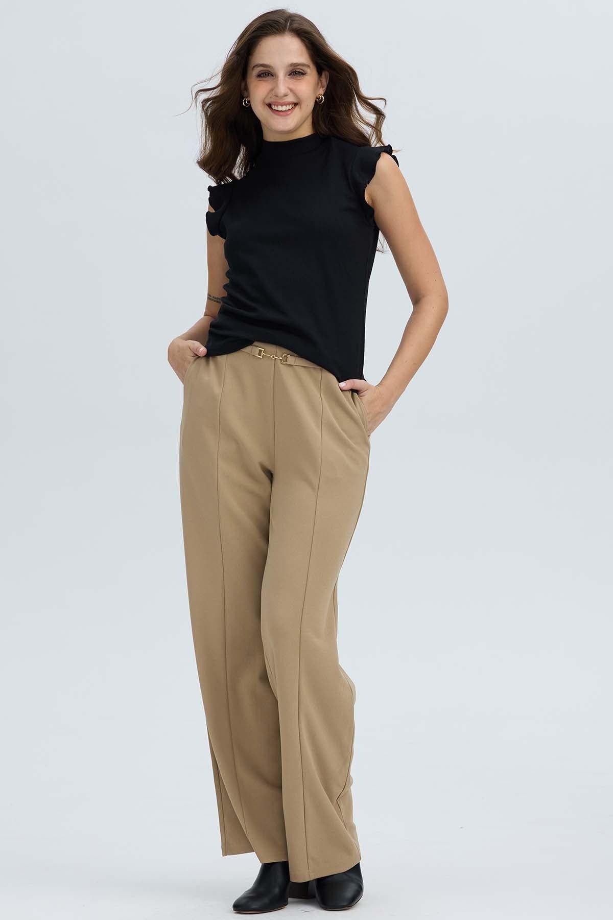 Pantalón Mujer Con Hebilla Calce Palazzo Beige Oscuro-3