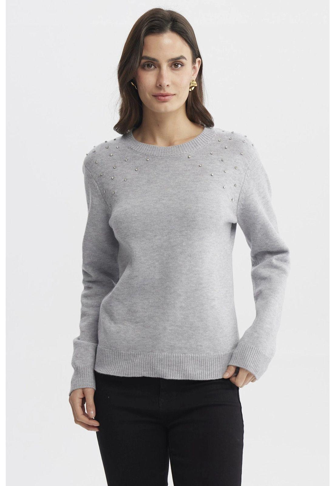 Sweater Mujer Cuello Strass Gris-0