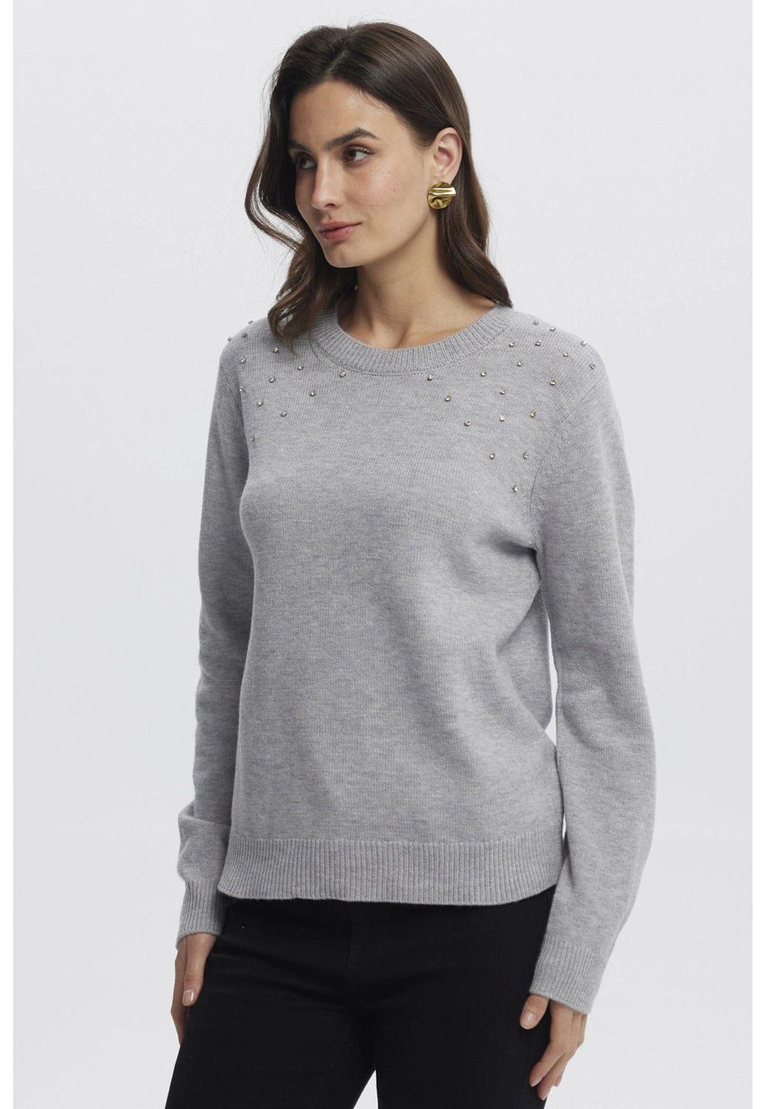 Sweater Mujer Cuello Strass Gris-1