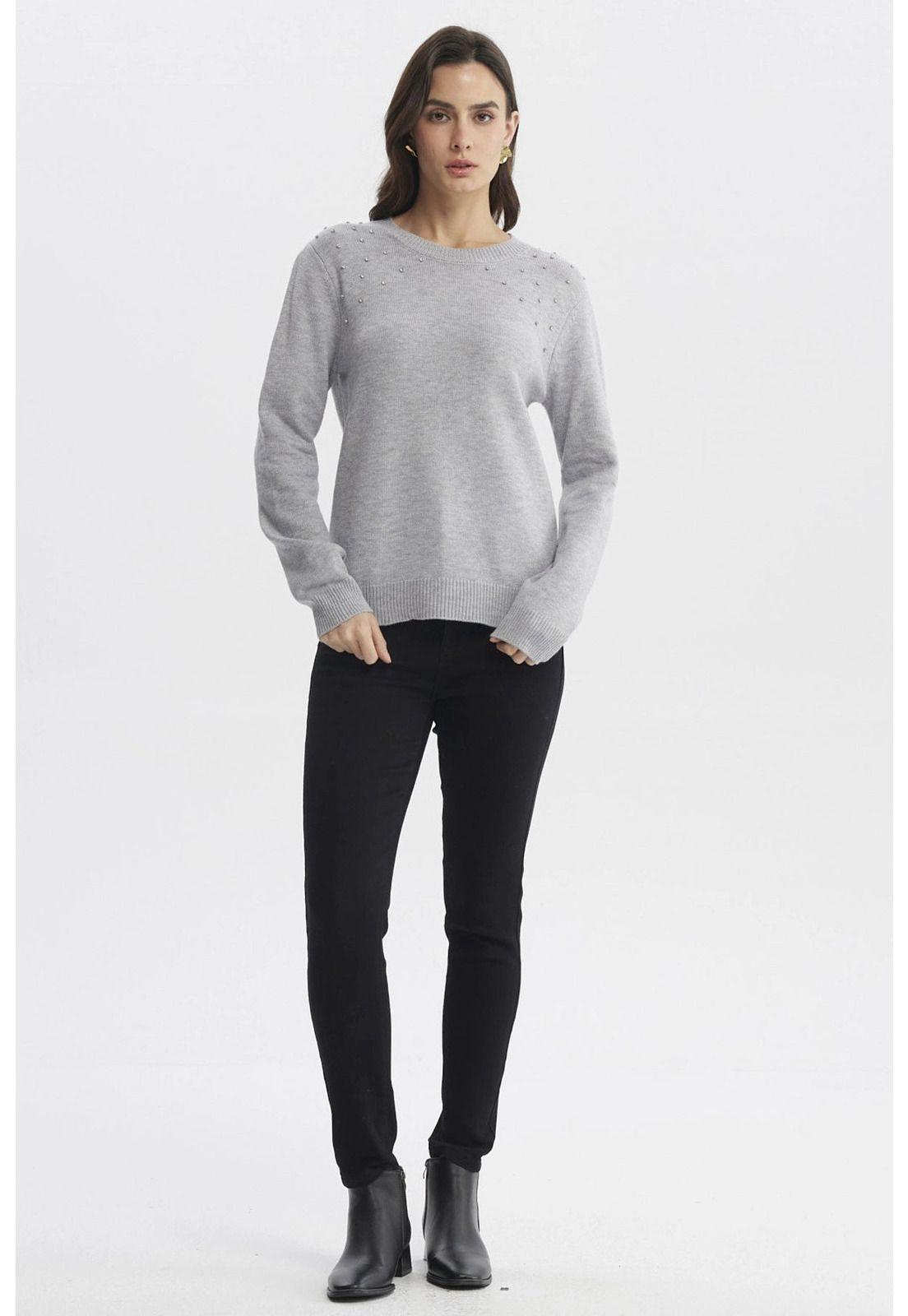 Sweater Mujer Cuello Strass Gris-3