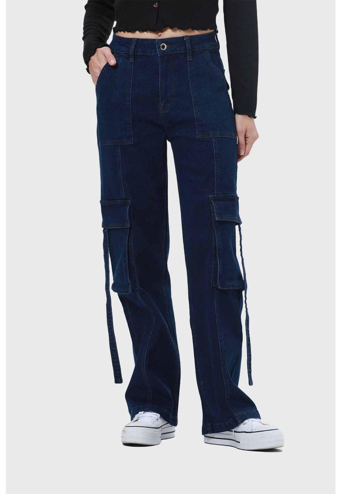 Jeans Mujer Amarras Calce Cargo Azul-0