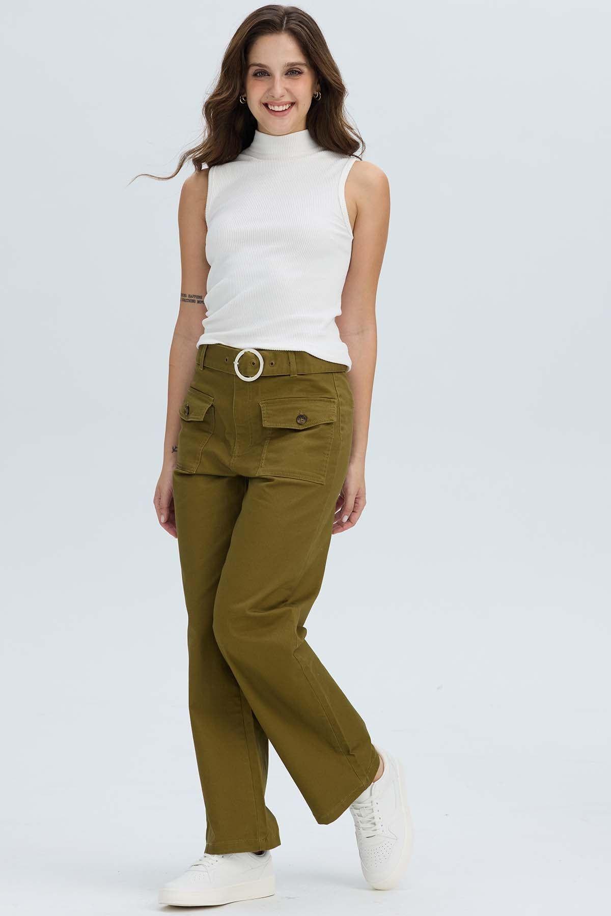 Pantalón Mujer Con Cinturón Y Bolsillos Verde Militar-3
