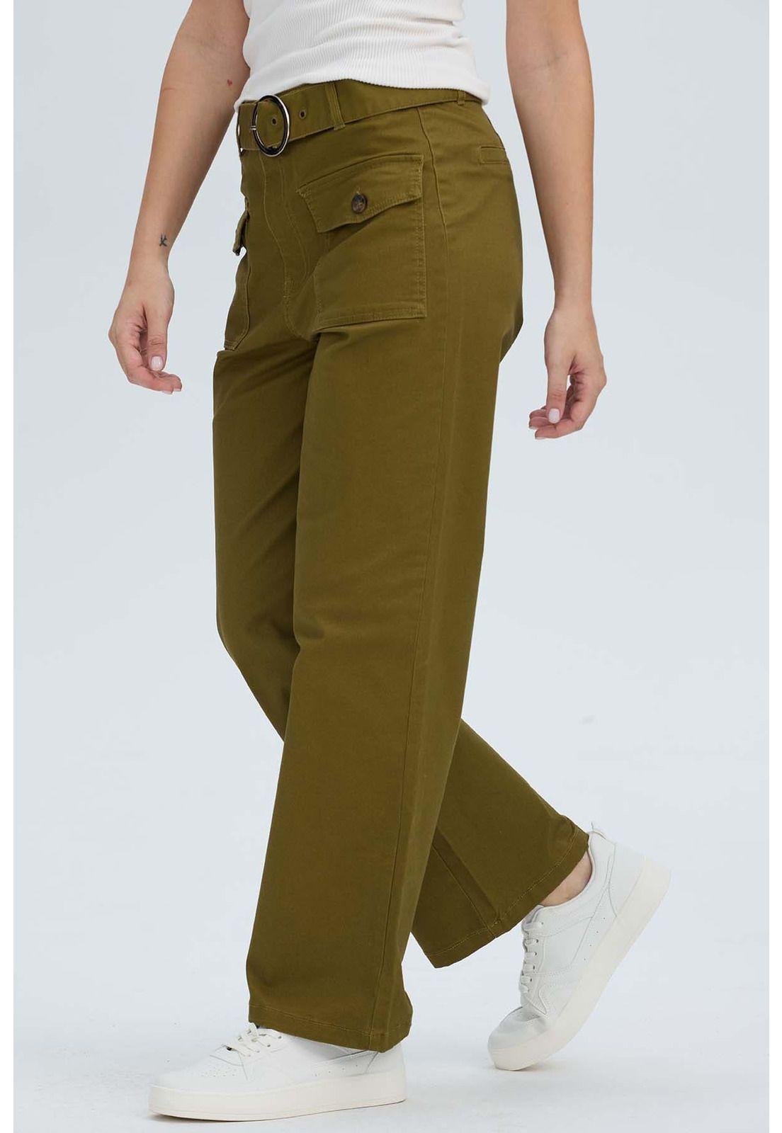 Pantalón Mujer Con Cinturón Y Bolsillos Verde Militar-1