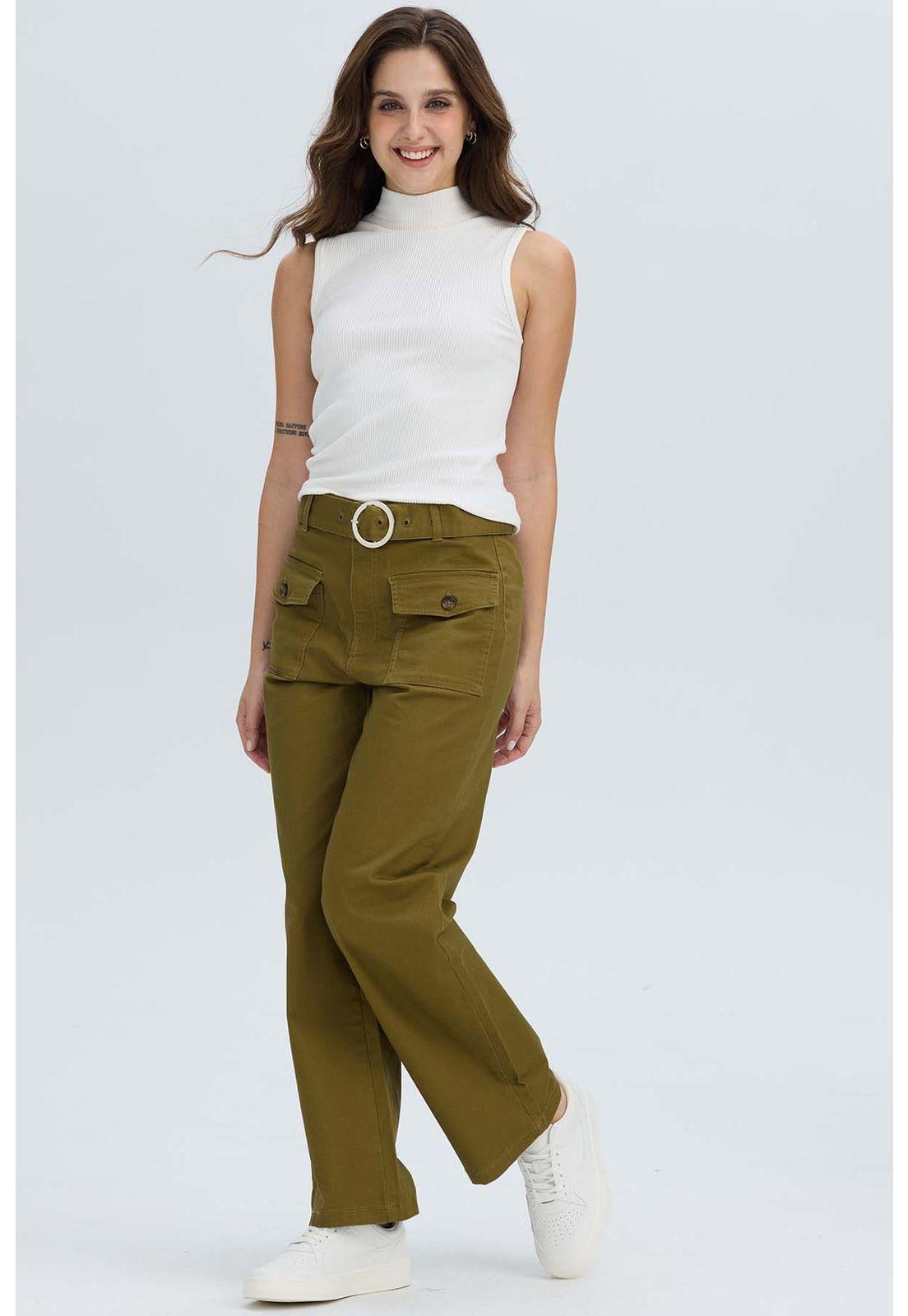 Pantalón Mujer Con Cinturón Y Bolsillos Verde Militar-3