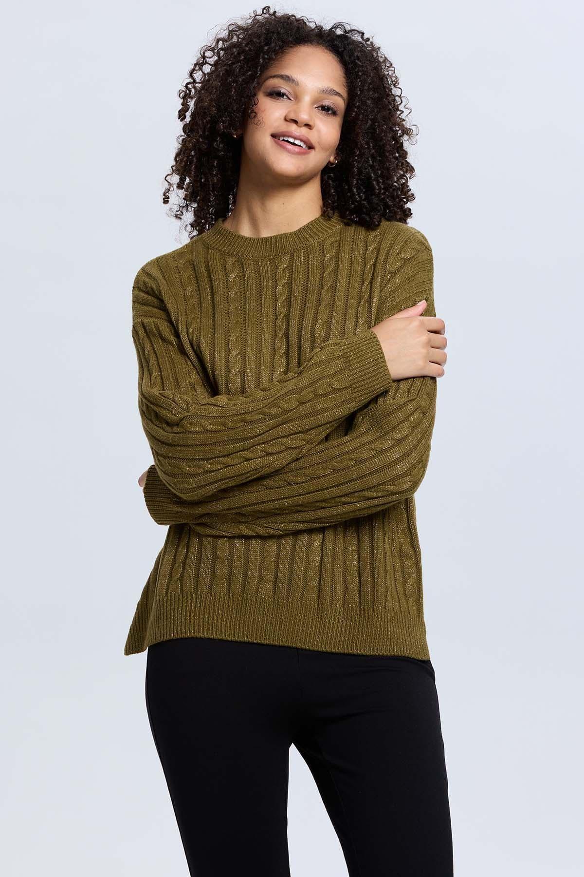 Sweater Mujer Trenzado Verde Militar-0
