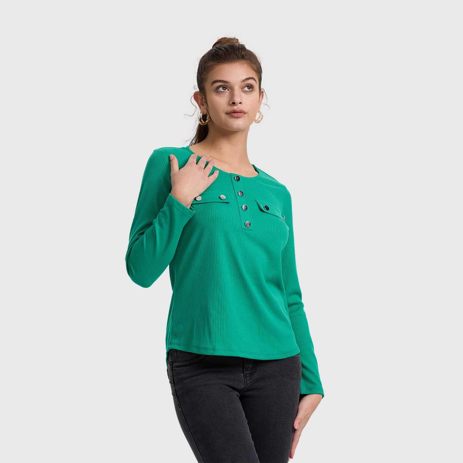 Polera Mujer Pata Botón Rib Liso Verde Fashion's Park-1