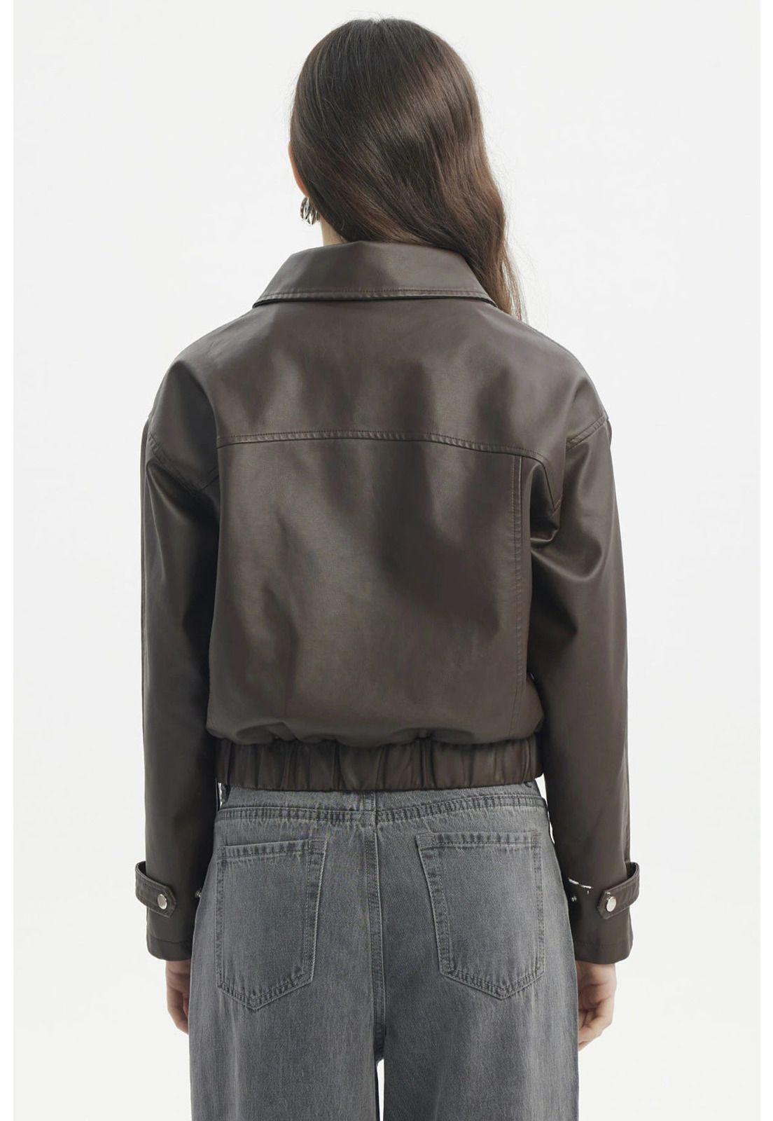 Chaqueta Mujer Bomber Efecto Cuero Café Oscuro-2