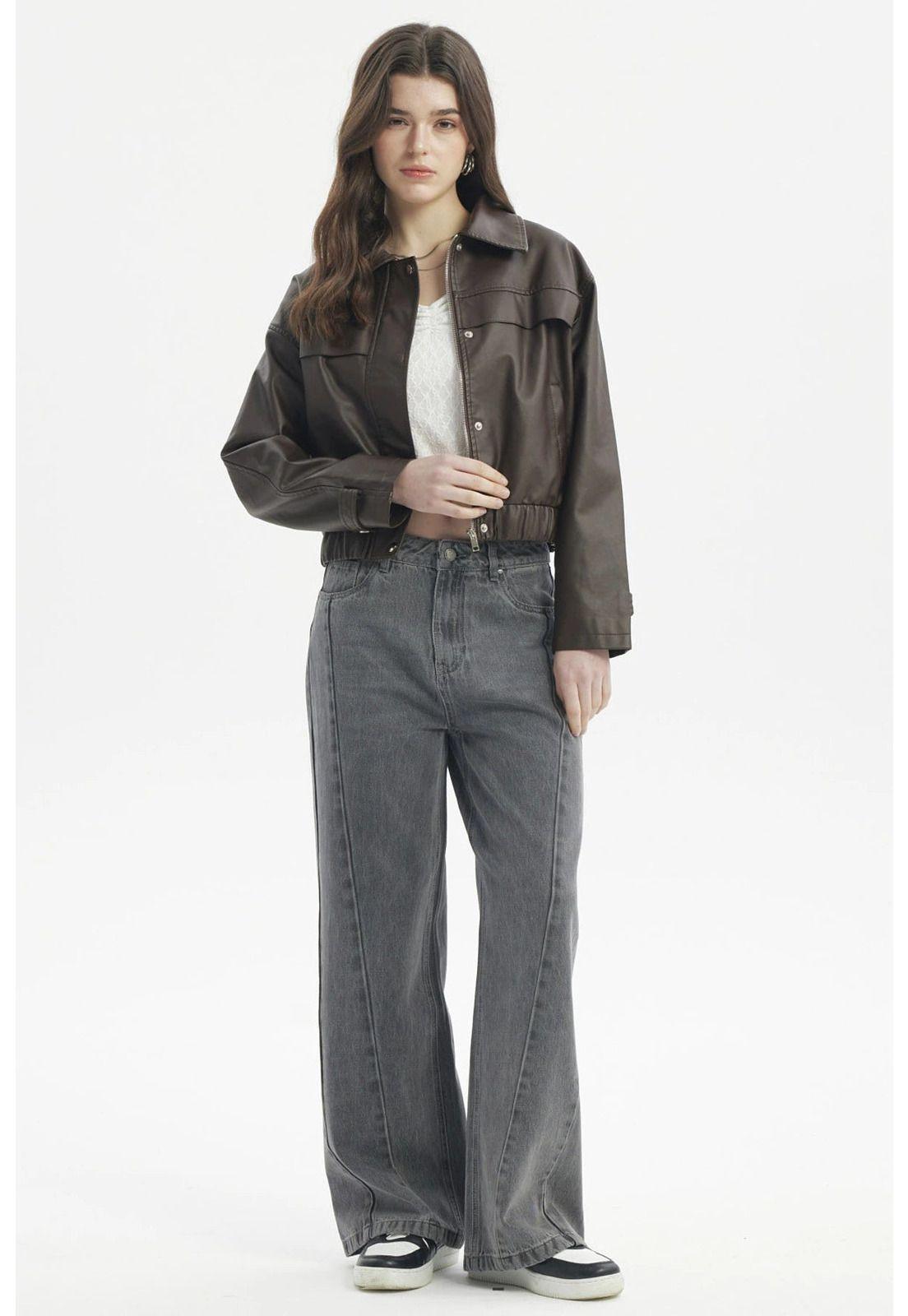 Chaqueta Mujer Bomber Efecto Cuero Café Oscuro-3