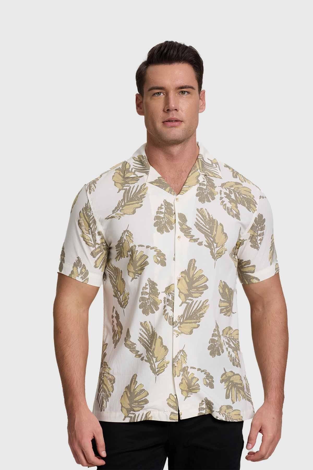 Camisa Hombre Print Hojas Blanco-0