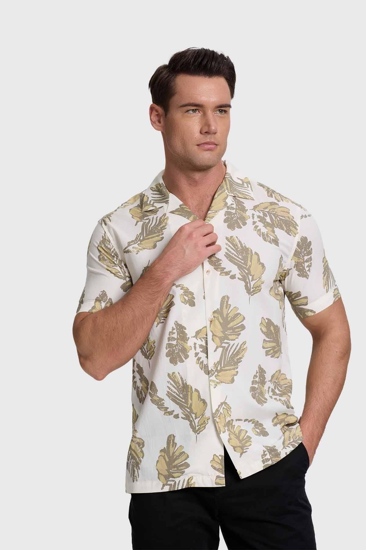 Camisa Hombre Print Hojas Blanco-1