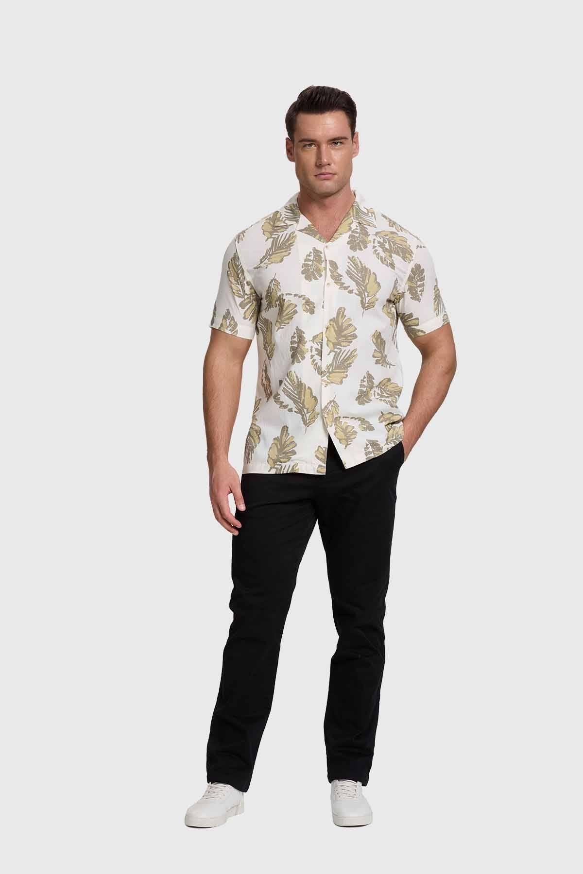 Camisa Hombre Print Hojas Blanco-3