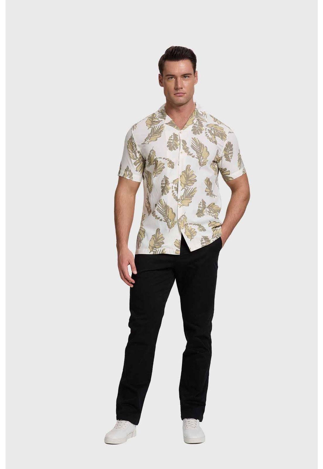 Camisa Hombre Print Hojas Blanco-3