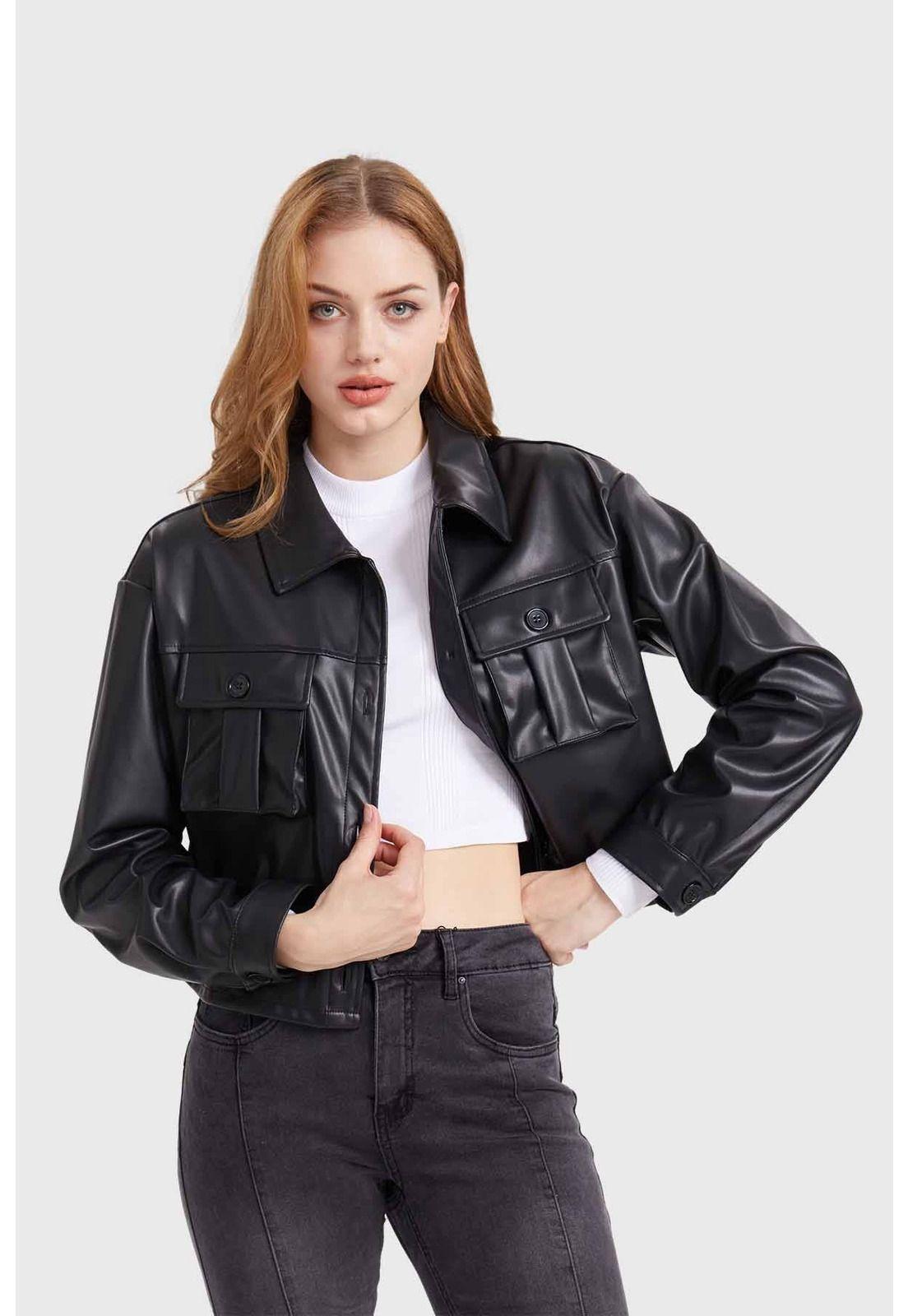 Chaqueta Mujer Efecto Cuero Cargo Negro-0
