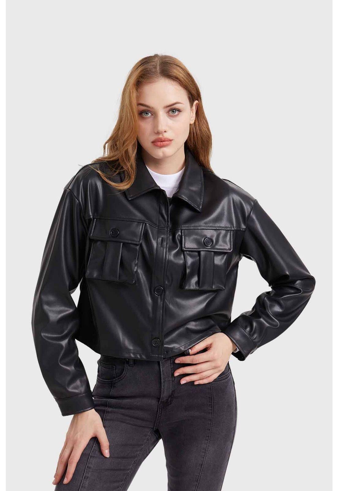 Chaqueta Mujer Efecto Cuero Cargo Negro-1