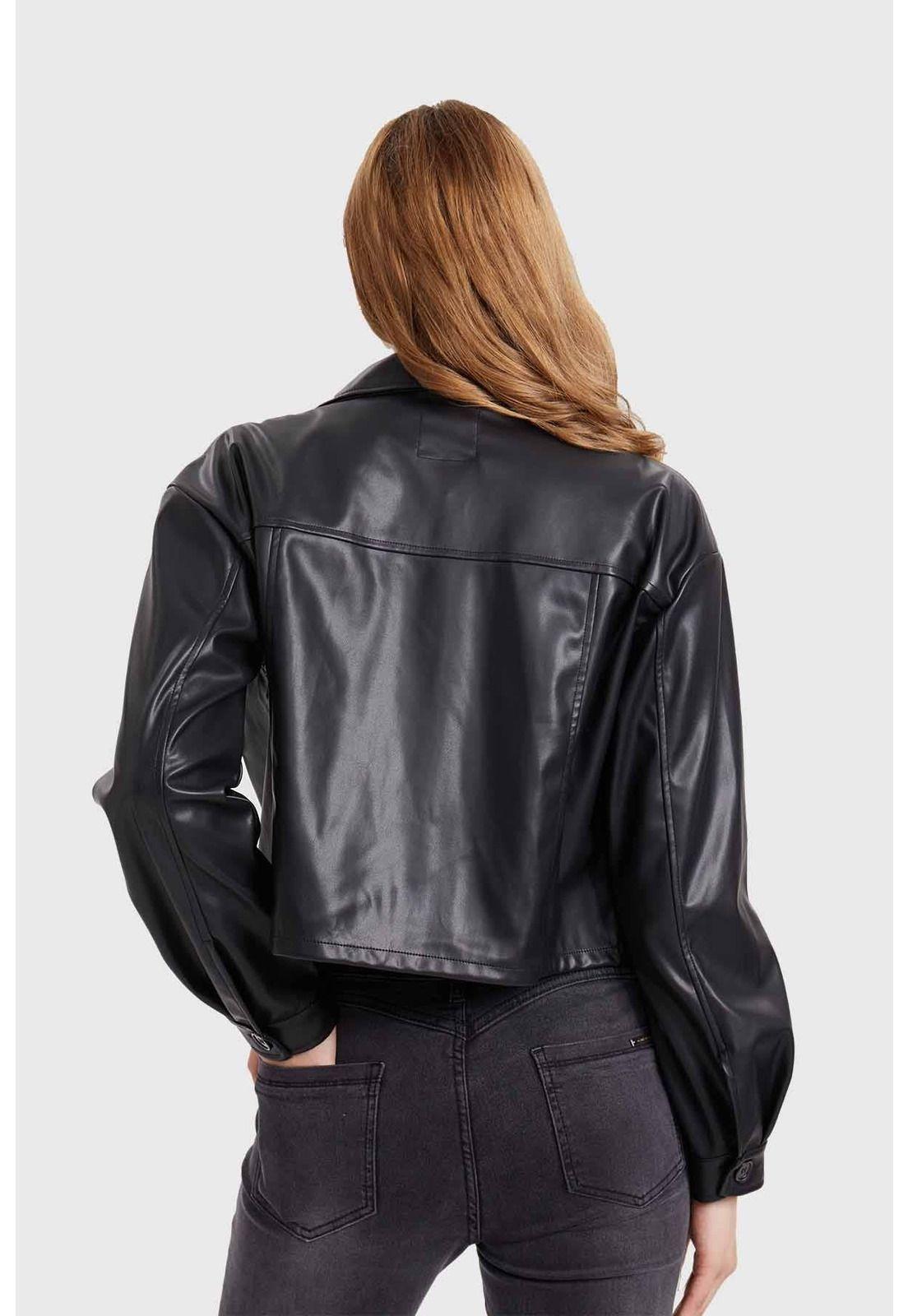 Chaqueta Mujer Efecto Cuero Cargo Negro-2