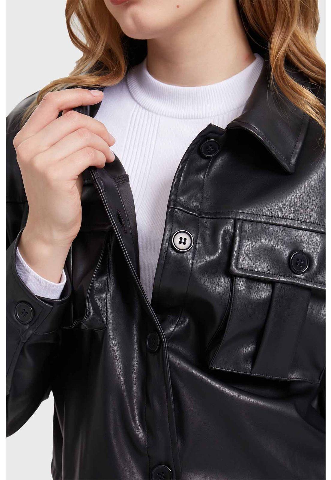 Chaqueta Mujer Efecto Cuero Cargo Negro-3