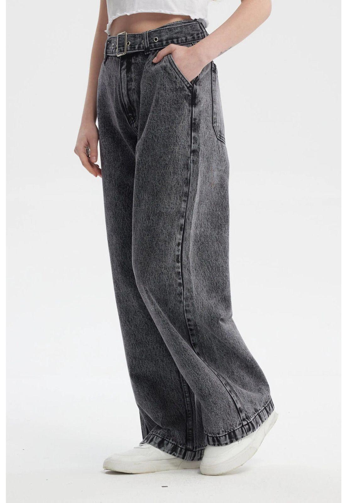 Jeans Mujer Wide Leg Cinturon Gris Oscuro - ll-1