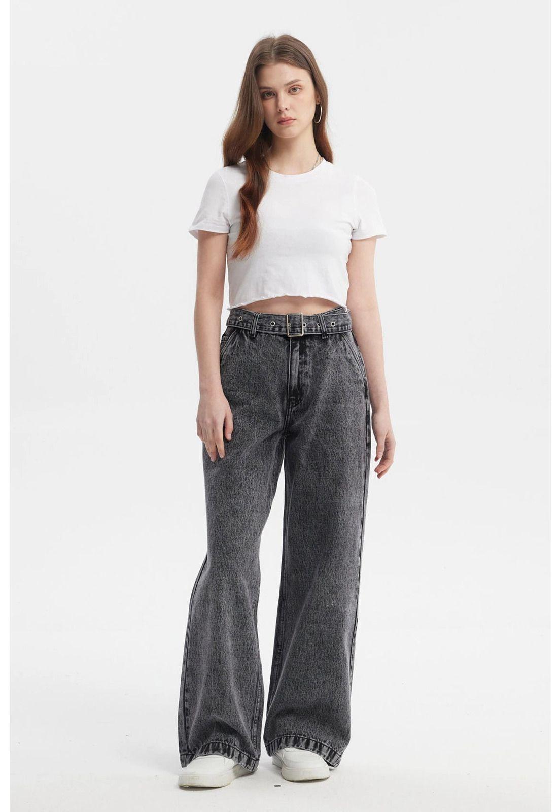 Jeans Mujer Wide Leg Cinturon Gris Oscuro - ll-3