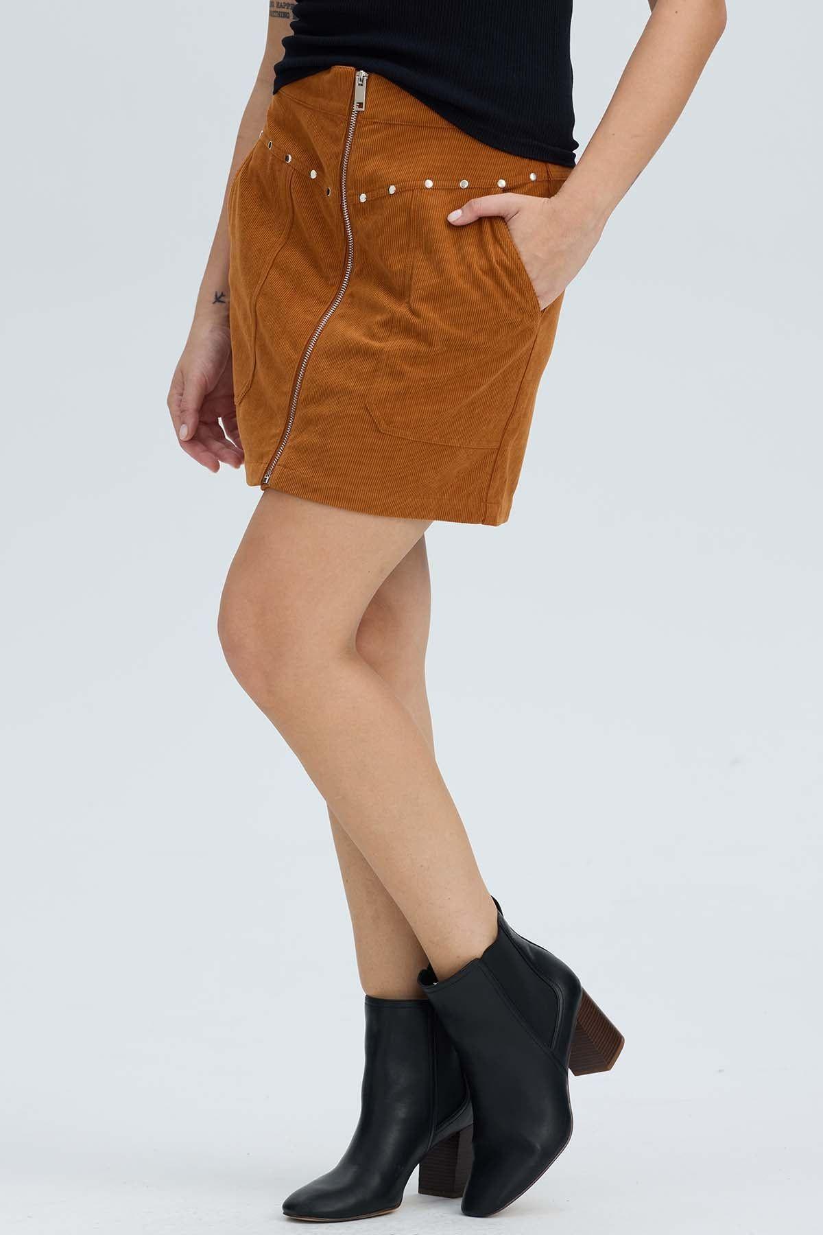 Falda Mujer Cotelé Cierre Delantero Camel Oscuro-1