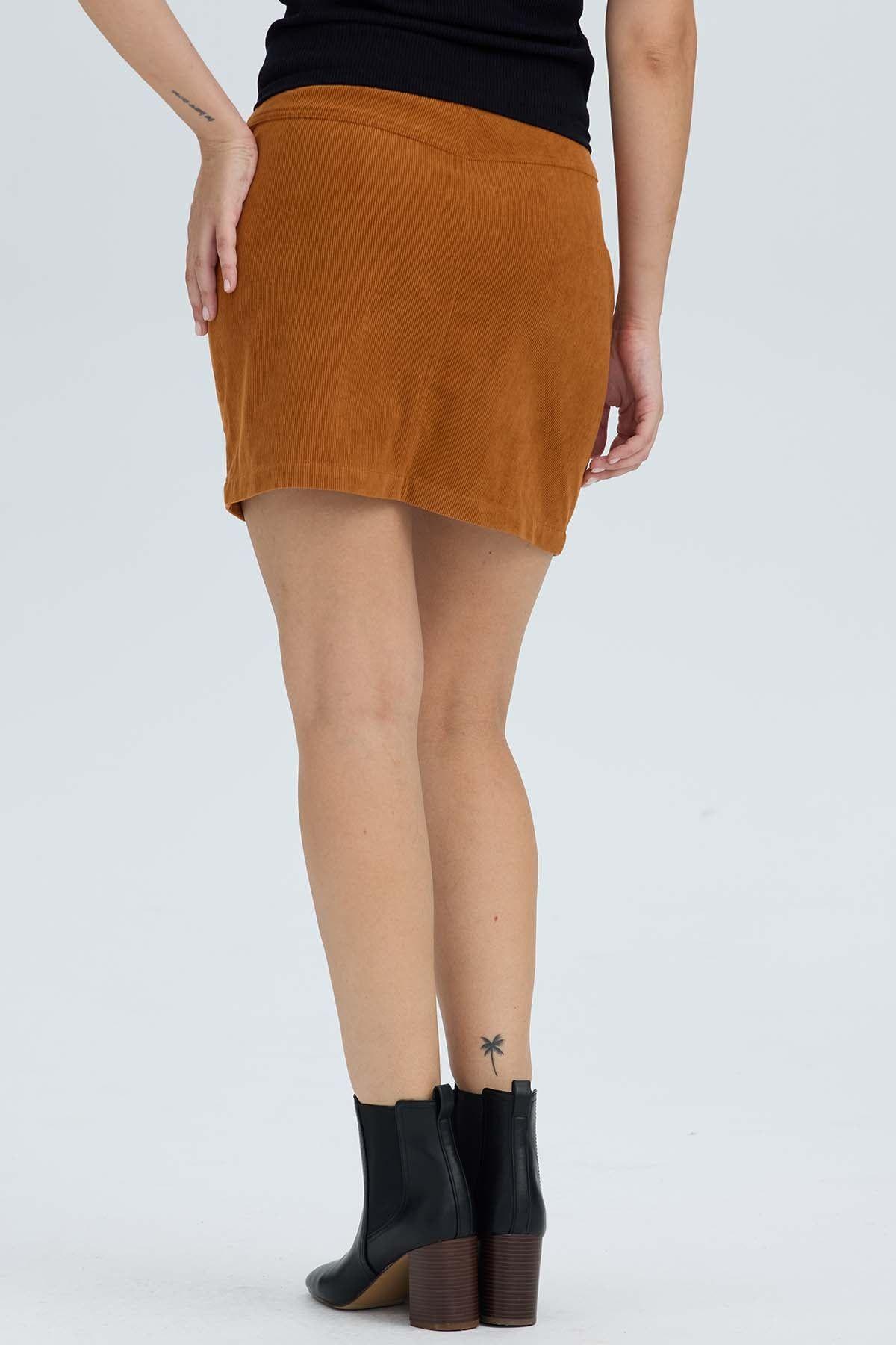 Falda Mujer Cotelé Cierre Delantero Camel Oscuro-2