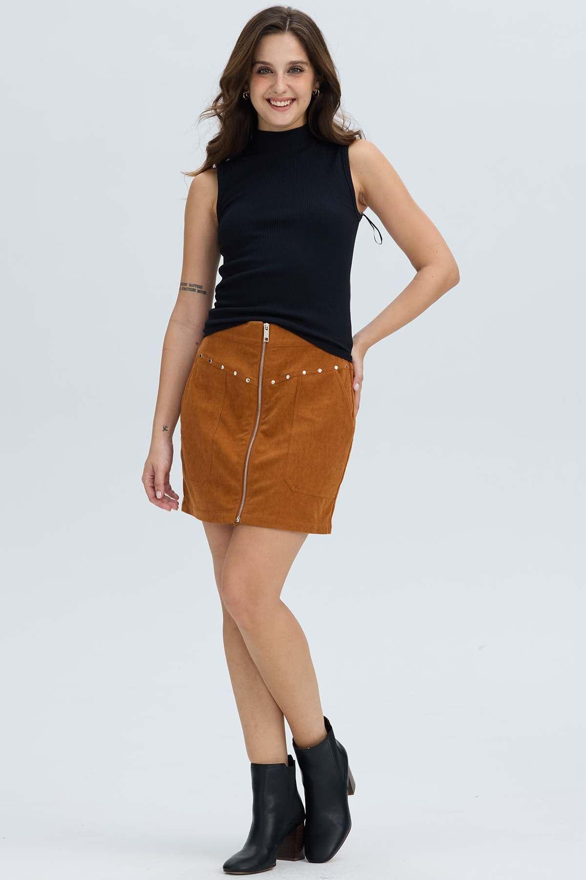 Falda Mujer Cotelé Cierre Delantero Camel Oscuro-3