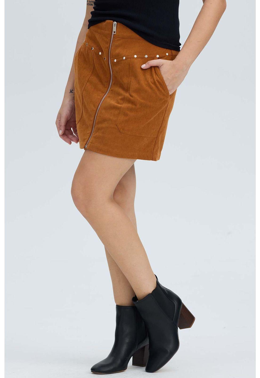 Falda Mujer Cotelé Cierre Delantero Camel Oscuro-2