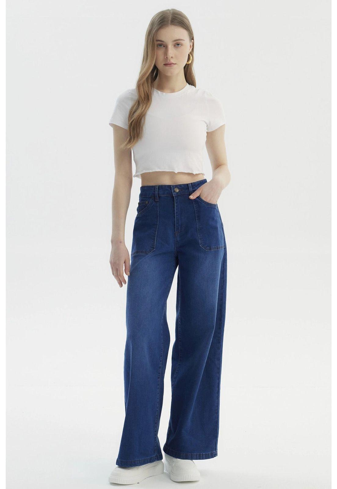 Jeans Mujer Wide Leg Azul Oscuro - lV-3