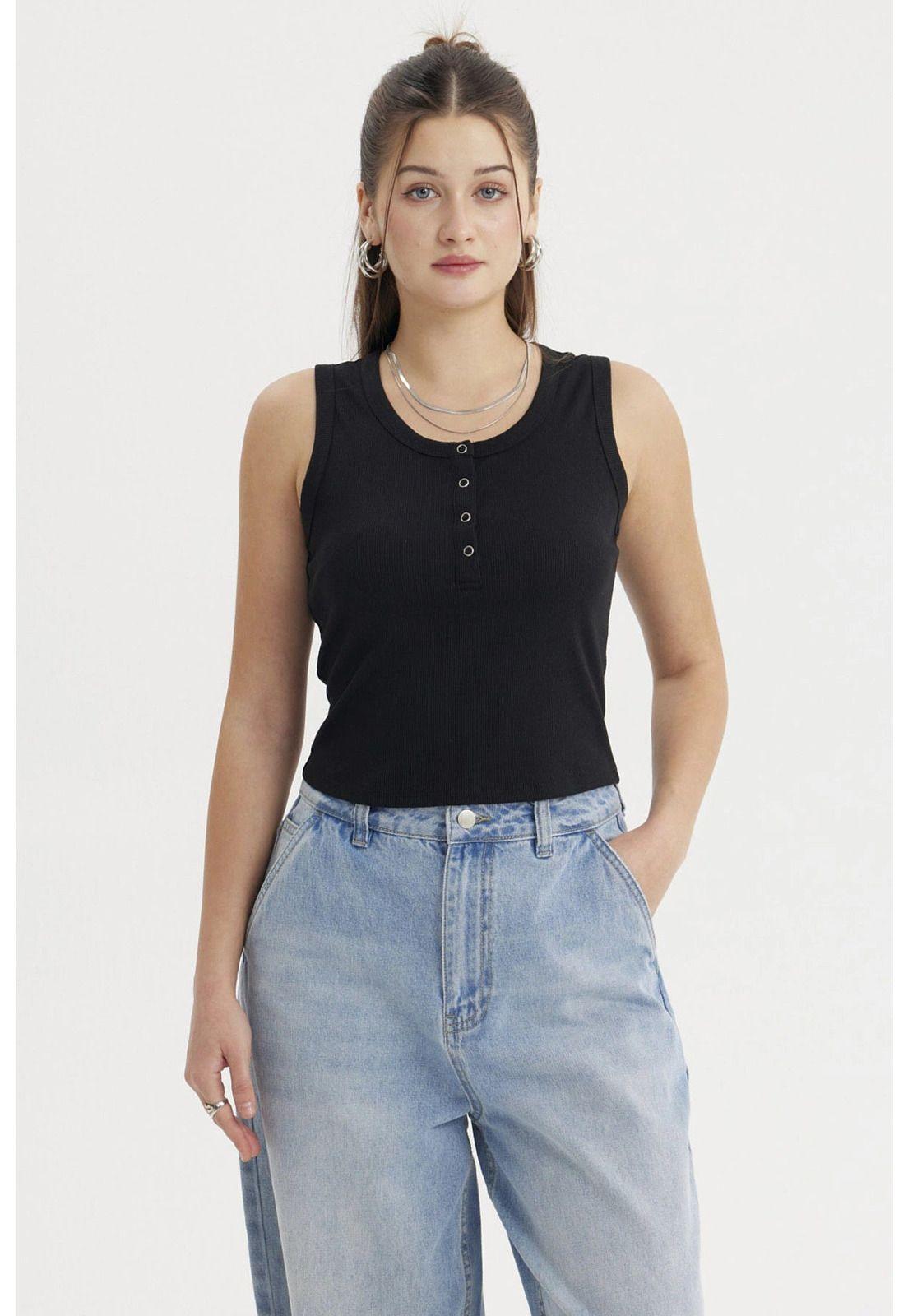 Polera Mujer Rib Aplicación Botones Negro-0