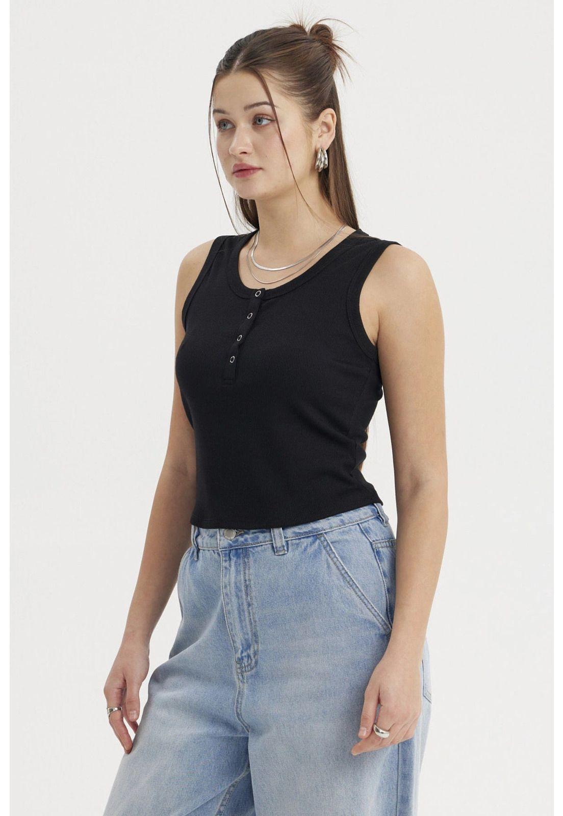 Polera Mujer Rib Aplicación Botones Negro-1